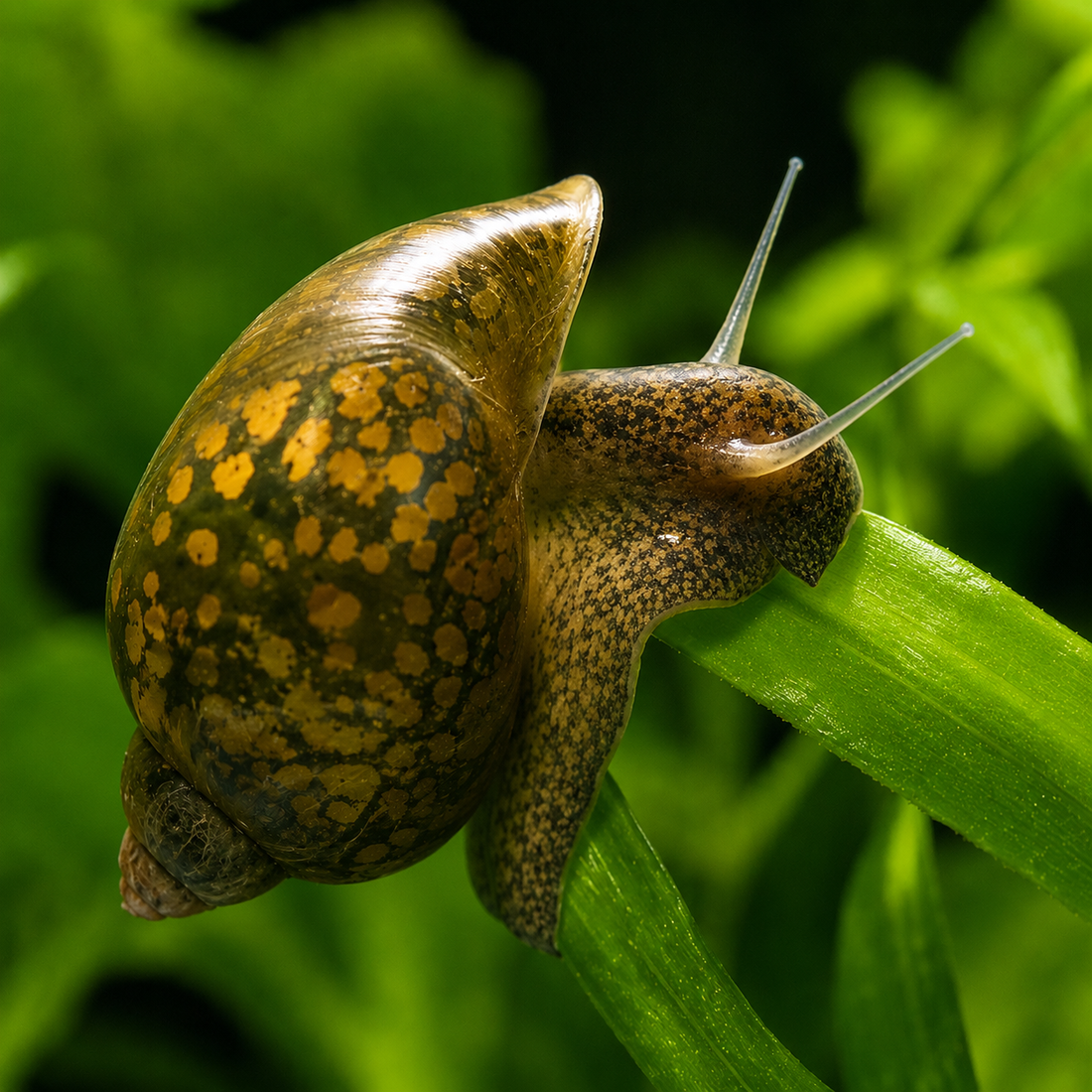 Bladder snail (Physella acuta) crawling on an aquarium plant leaf, a common freshwater aquarium snail used as cleanup crew and live feeder food