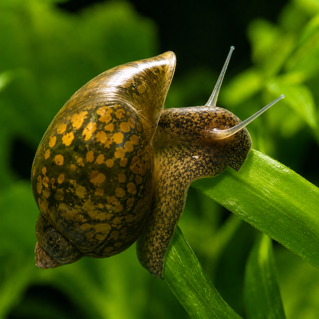 Bladder snail (Physella acuta) crawling on an aquarium plant leaf, a common freshwater aquarium snail used as cleanup crew and live feeder food