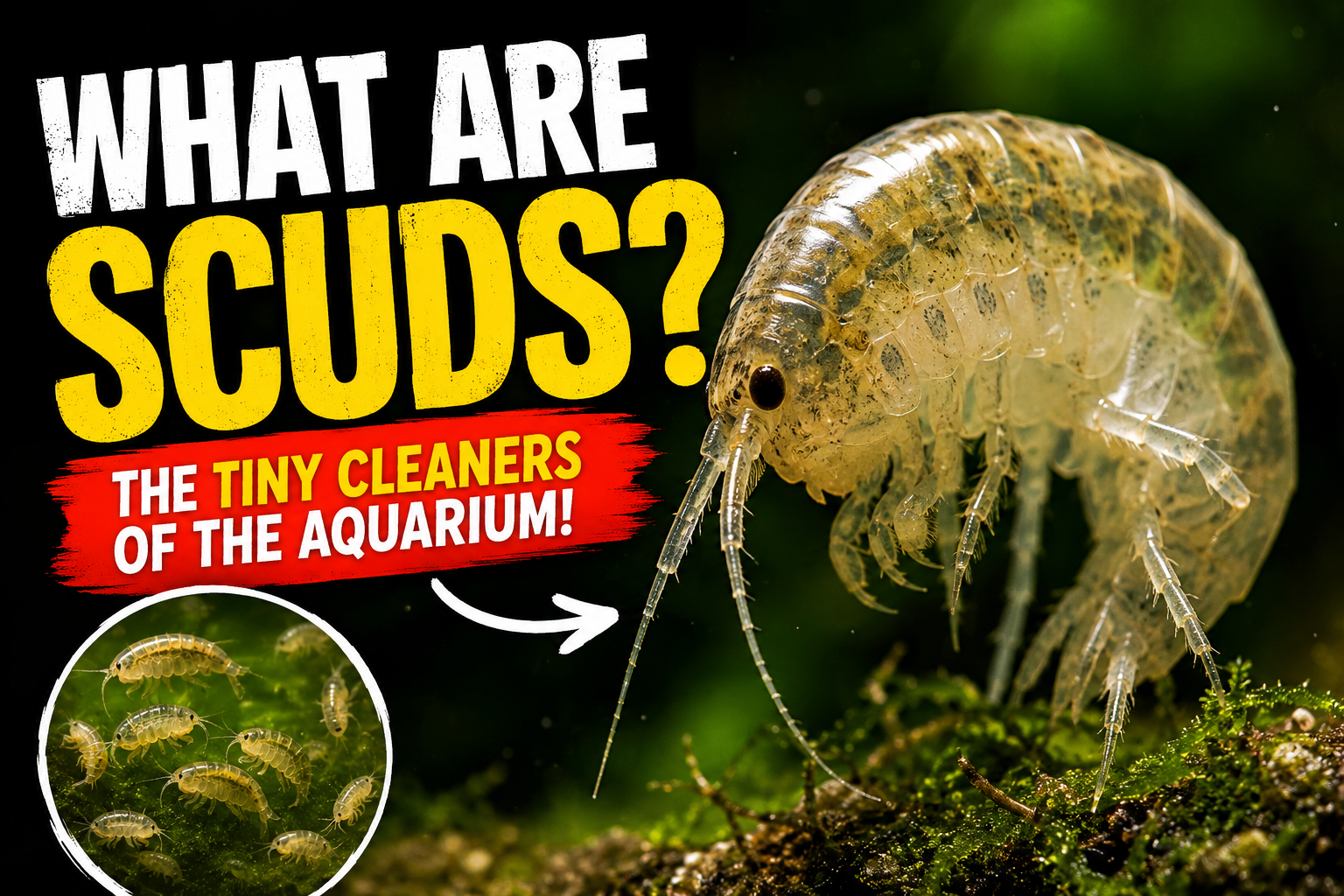 Close-up freshwater scud (amphipod) in an aquarium with text What Are Scuds, showing a popular live fish food and cleanup crew organism for aquariums.