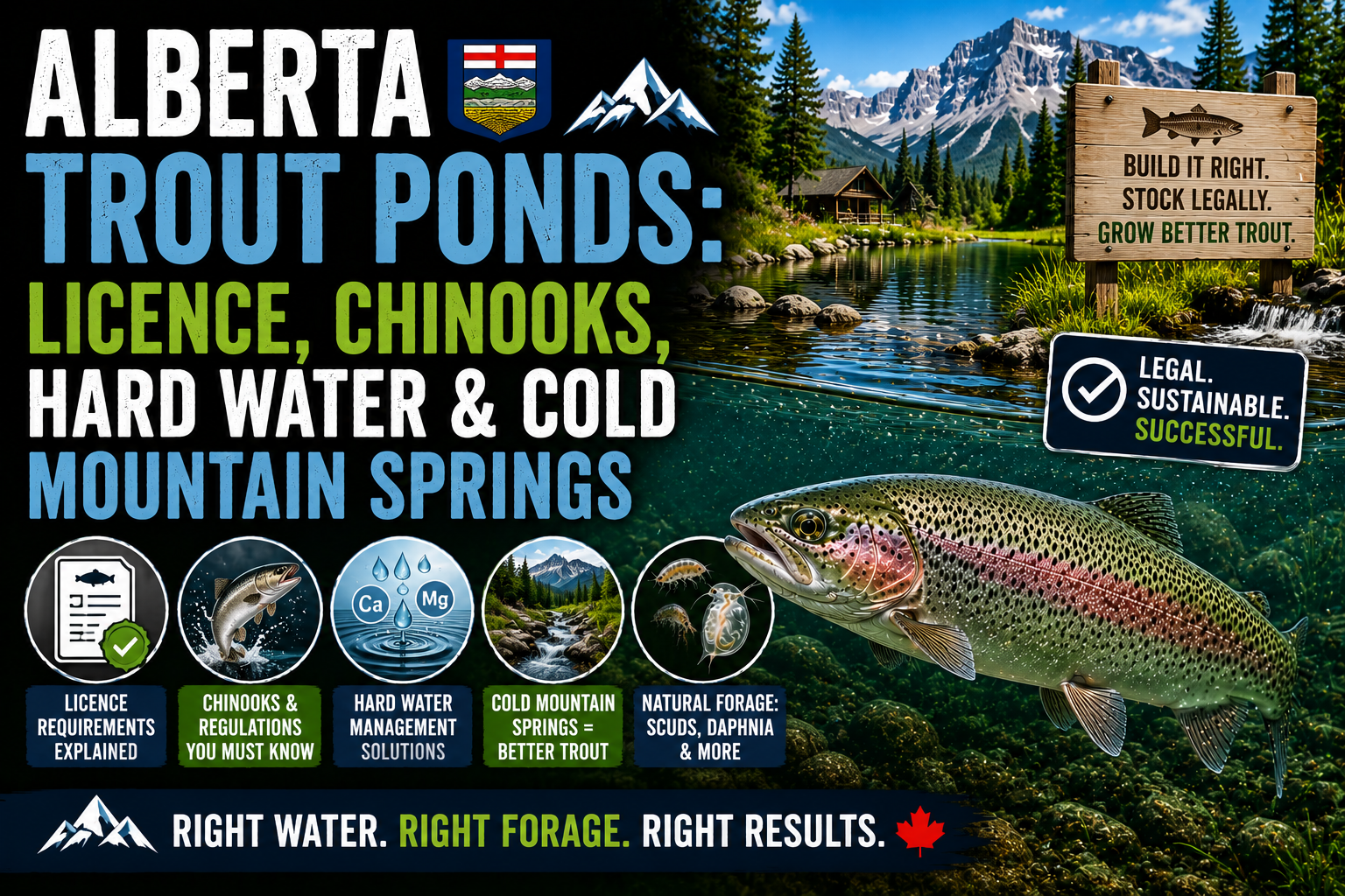 Alberta trout pond surrounded by Rocky Mountains showing cold mountain spring water, trout, natural forage, licensing requirements, and hard water management for successful pond stocking.
