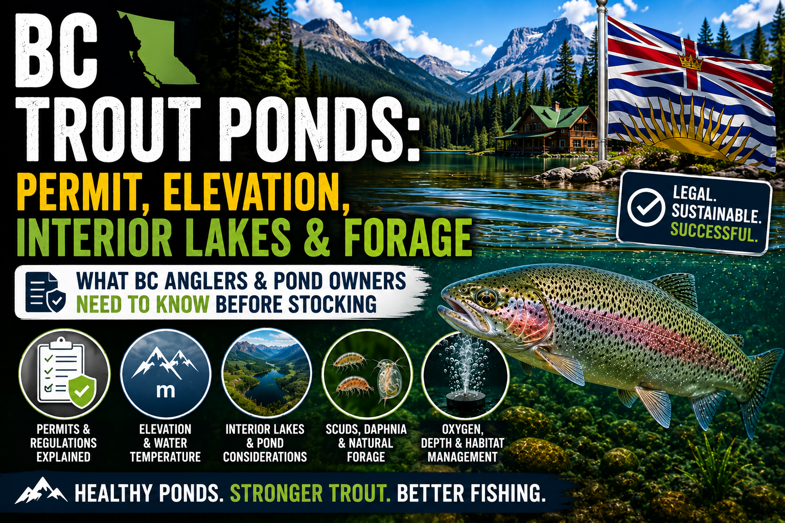 British Columbia trout pond surrounded by mountain scenery illustrating BC trout pond permits, elevation, interior lakes, natural forage, and sustainable pond management in Canada.
