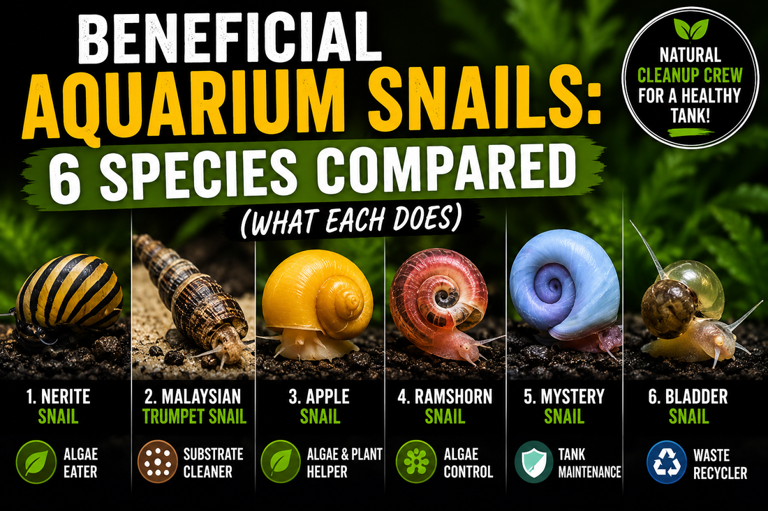 Comparison of six beneficial freshwater aquarium snails including nerite, Malaysian trumpet, apple, ramshorn, mystery, and bladder snails, highlighting each species' role in algae control, substrate cleaning, waste recycling, and aquarium maintenance.