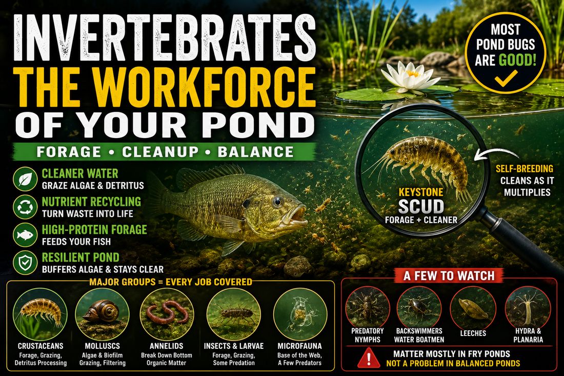 Illustration of beneficial pond invertebrates including scuds, daphnia, snails, aquatic worms, insect larvae, and microfauna showing how they clean ponds, recycle nutrients, and provide natural fish food in a healthy freshwater ecosystem.