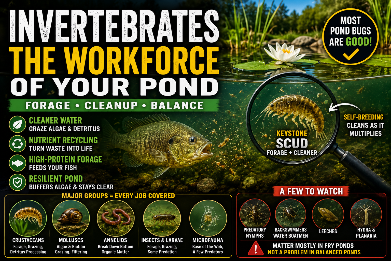 Illustration of beneficial pond invertebrates including scuds, daphnia, snails, aquatic worms, insect larvae, and microfauna showing how they clean ponds, recycle nutrients, and provide natural fish food in a healthy freshwater ecosystem.
