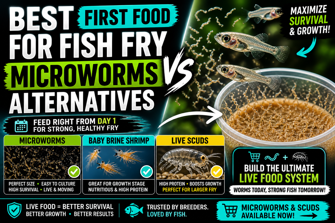 Best first food for fish fry showing microworms vs baby brine shrimp and live scuds, comparison of live fish food for betta fry growth and survival in aquarium breeding systems