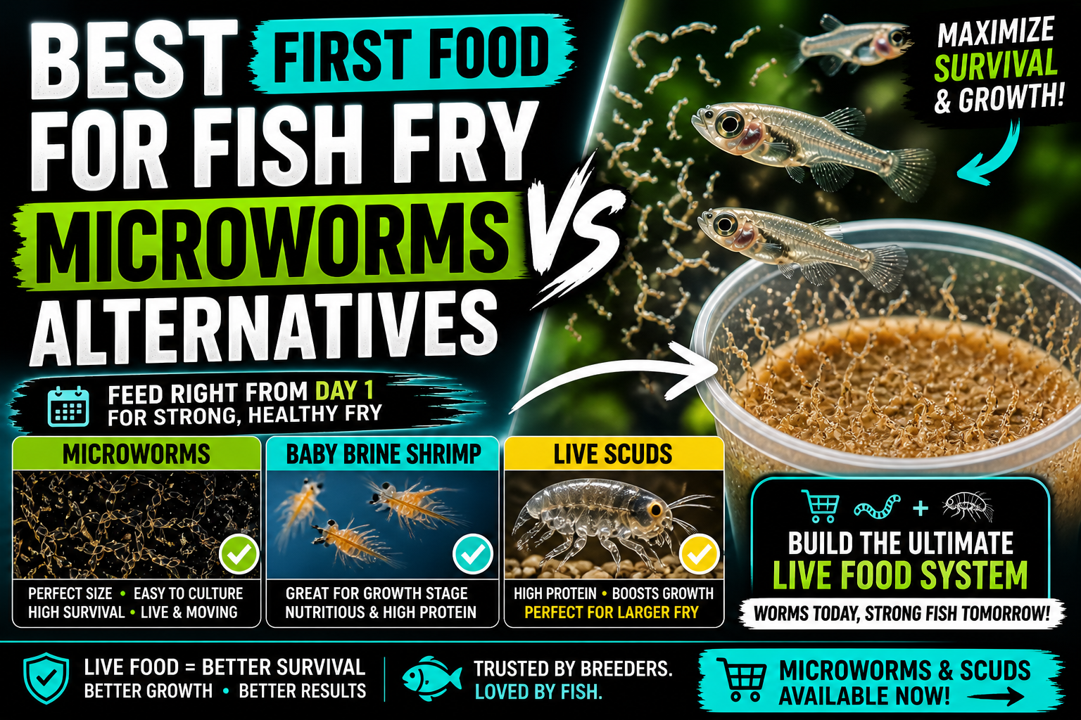 Best first food for fish fry showing microworms vs baby brine shrimp and live scuds, comparison of live fish food for betta fry growth and survival in aquarium breeding systems