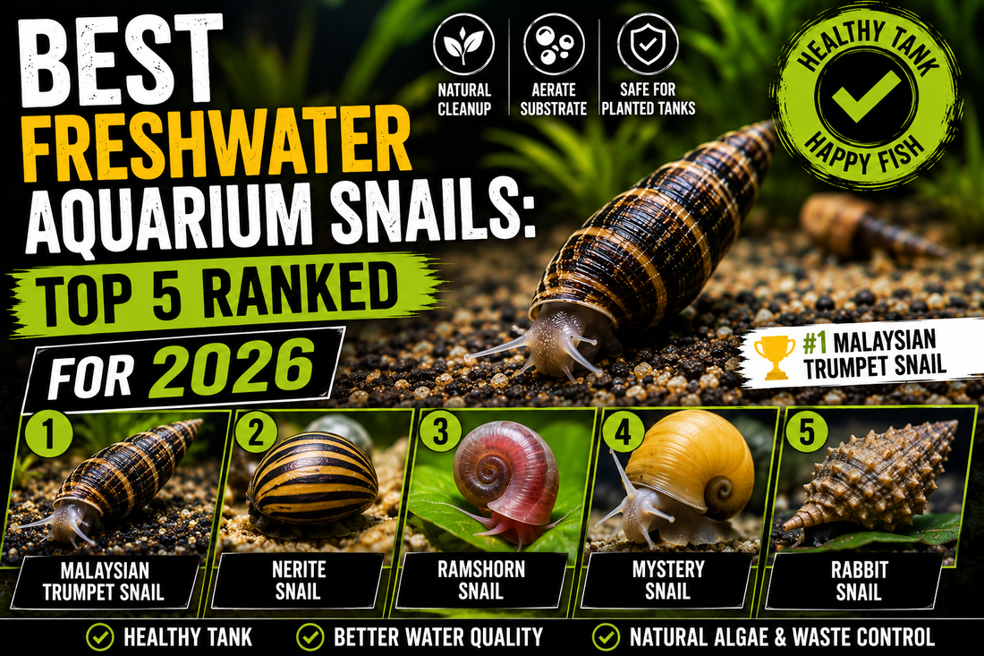 Comparison of the five best freshwater aquarium snails for 2026 including Malaysian trumpet, nerite, ramshorn, mystery, and rabbit snails, highlighting the top cleanup crew species for algae control, substrate aeration, and healthy planted aquariums.