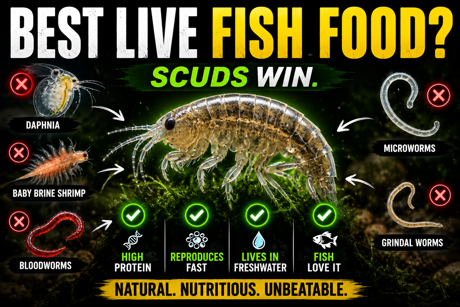 Freshwater scud compared to daphnia, baby brine shrimp, bloodworms, microworms and grindal worms showing why scuds are considered one of the best live fish foods for aquarium fish and bettas.