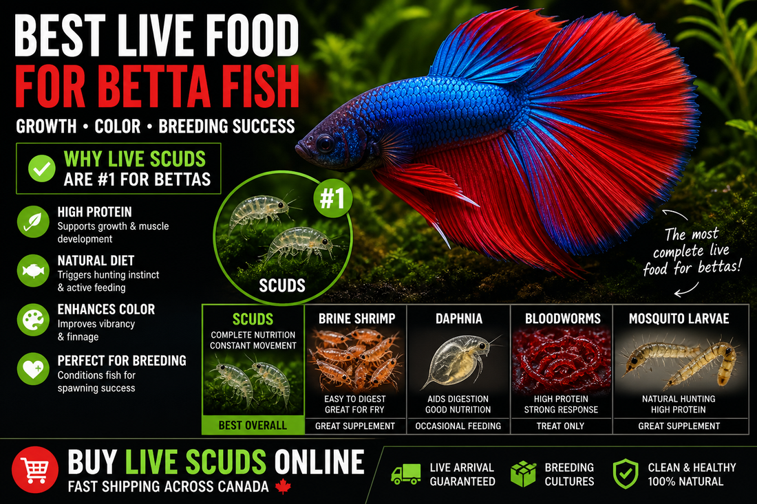 Best live food for betta fish infographic showing scuds amphipods as top choice for growth color and breeding alongside brine shrimp daphnia and bloodworms