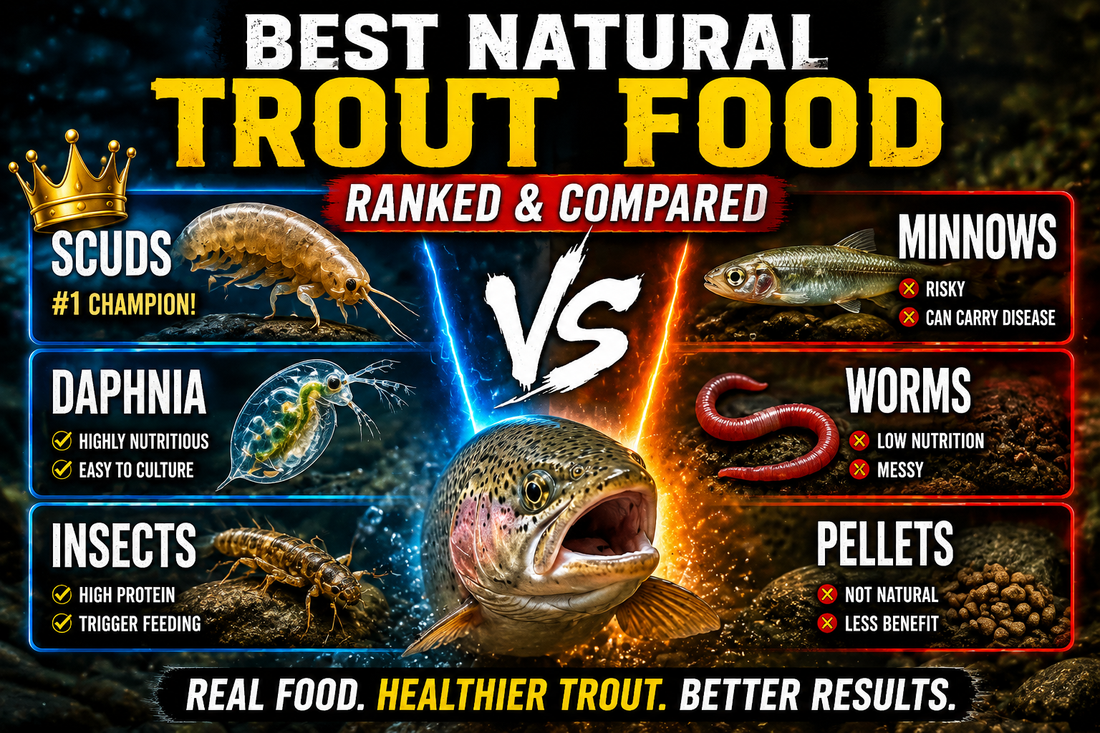 Comparison graphic ranking the best natural trout foods, including scuds, daphnia, insects, minnows, worms, and pellets around a rainbow trout.