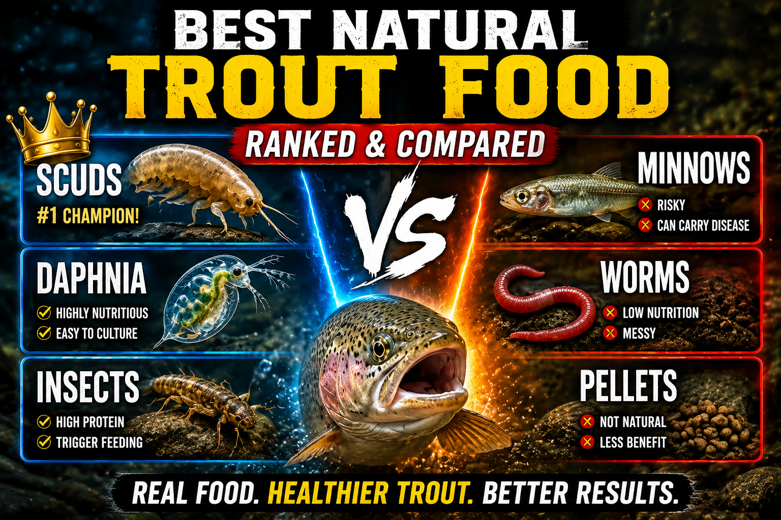 Comparison graphic ranking the best natural trout foods, including scuds, daphnia, insects, minnows, worms, and pellets around a rainbow trout.