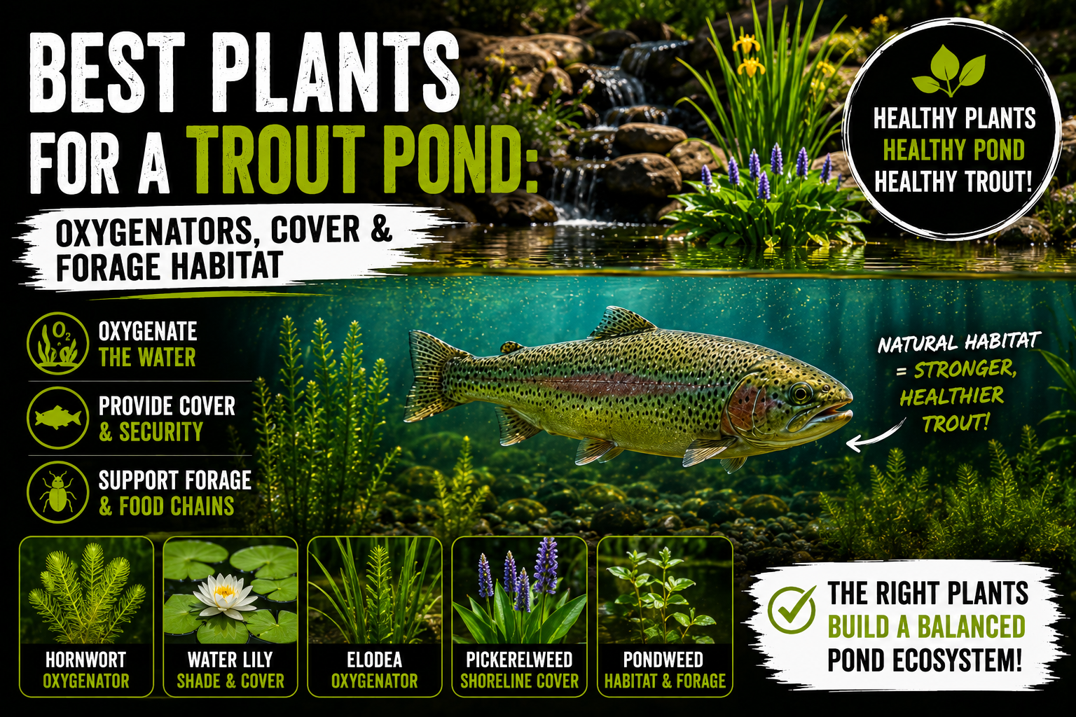 Healthy rainbow trout swimming through a naturally planted pond featuring oxygenating aquatic plants, water lilies, and shoreline vegetation that provide cover, filtration, and natural forage habitat.