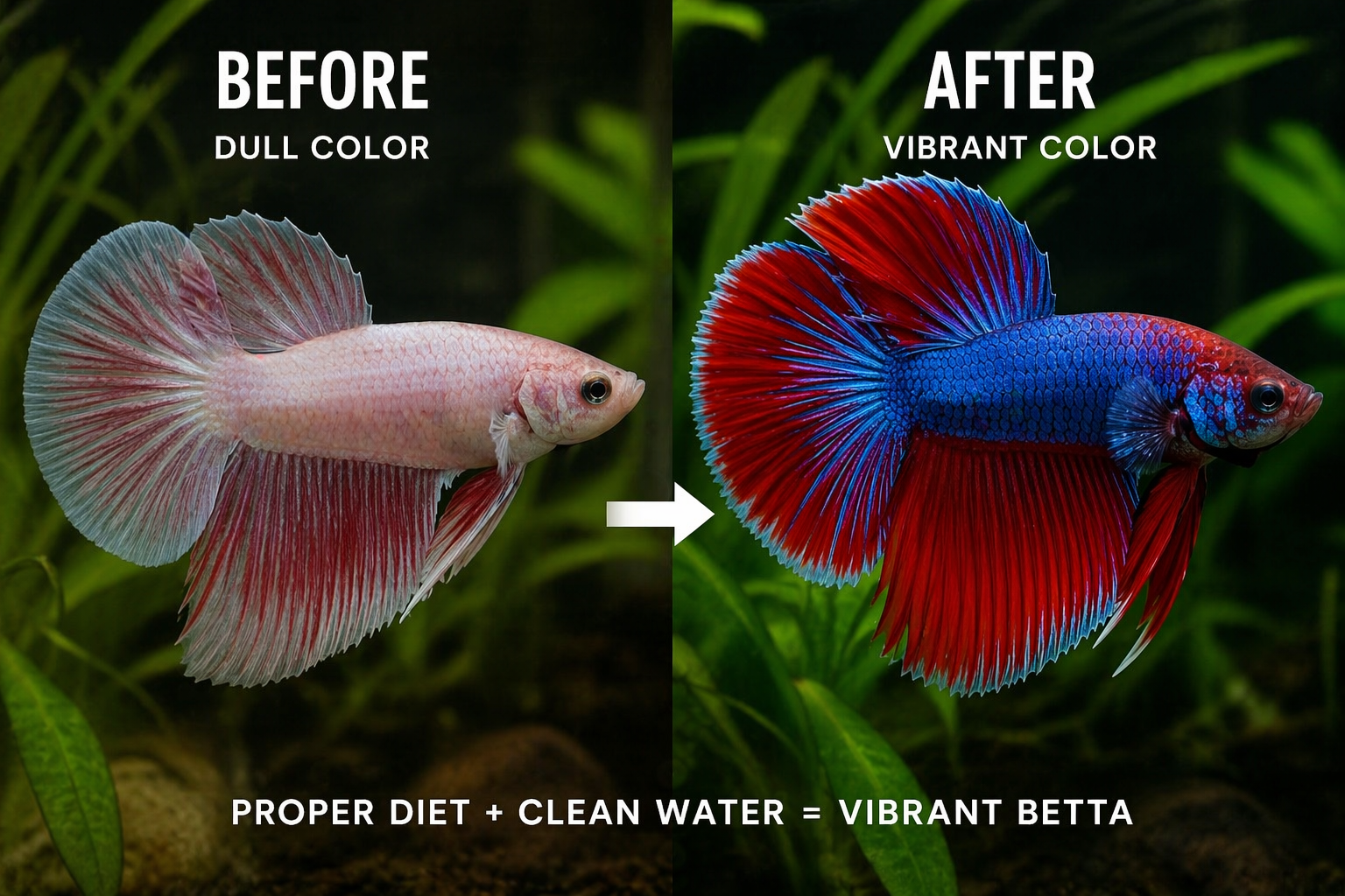 before and after betta fish color improvement showing pale stressed betta vs vibrant healthy betta after proper diet and clean water