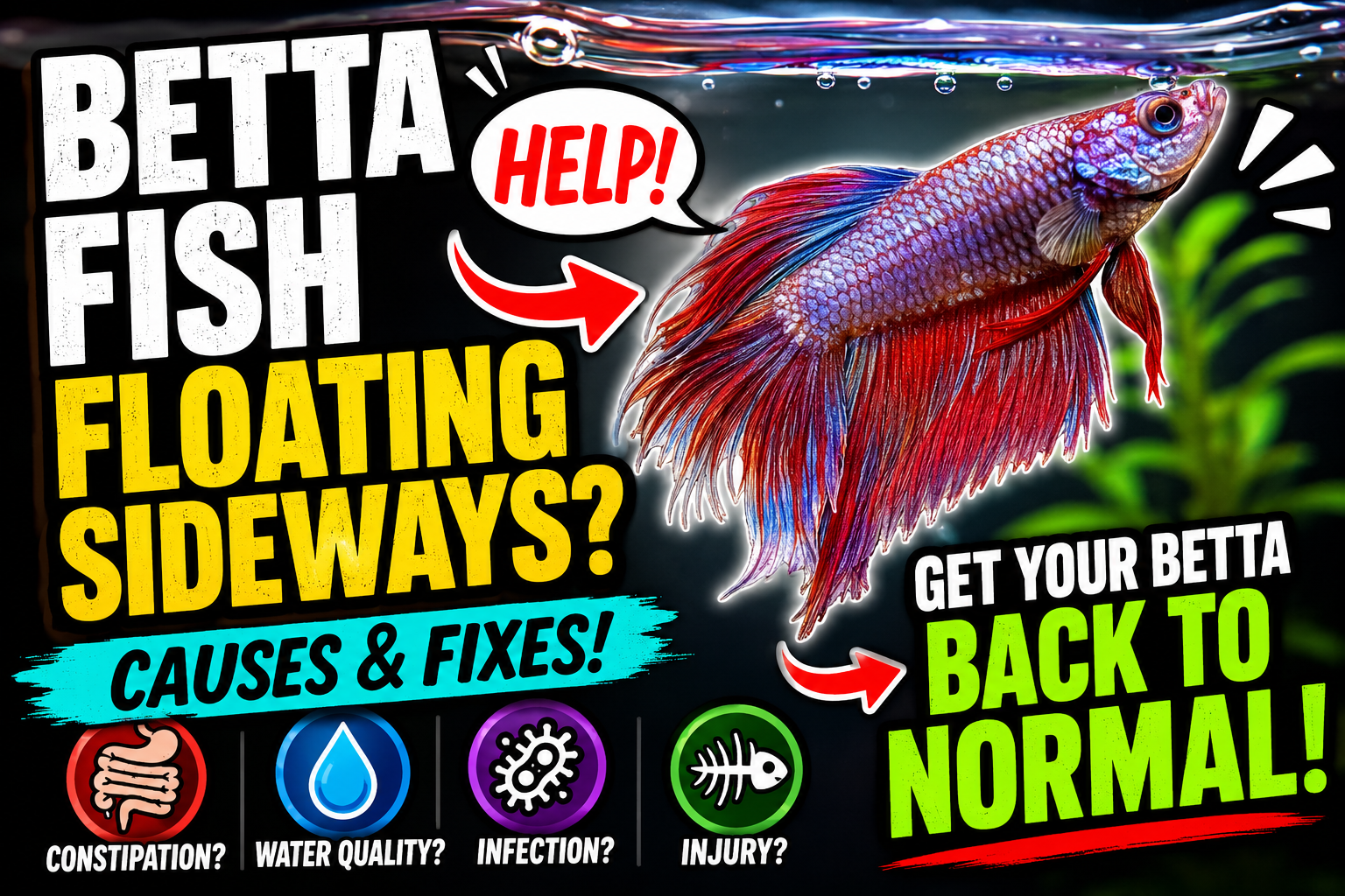youtube style thumbnail showing a colorful betta fish floating sideways near the water surface with bold text about swim bladder causes and fixes including constipation water quality infection and injury