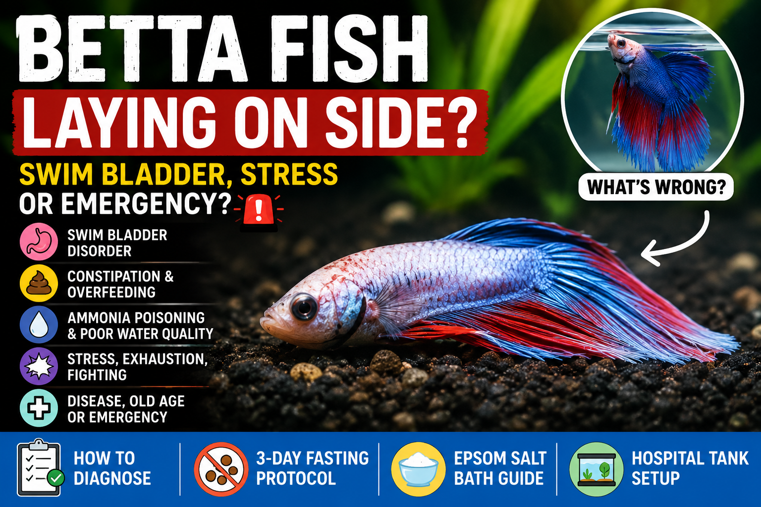 Betta fish laying on its side at the bottom of an aquarium with infographic text about swim bladder disorder, stress, ammonia poisoning, constipation, and emergency betta care.