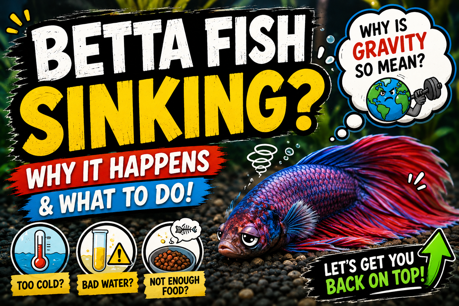 betta fish sinking at bottom of aquarium struggling with swim bladder and buoyancy problems