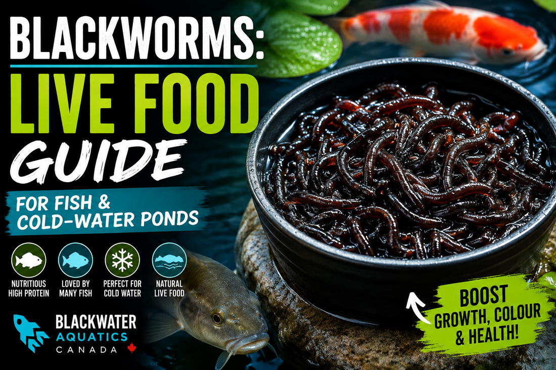 Blackworms live food guide thumbnail showing live blackworms with koi and trout, highlighting natural high-protein live food for freshwater fish, aquariums and cold-water ponds.