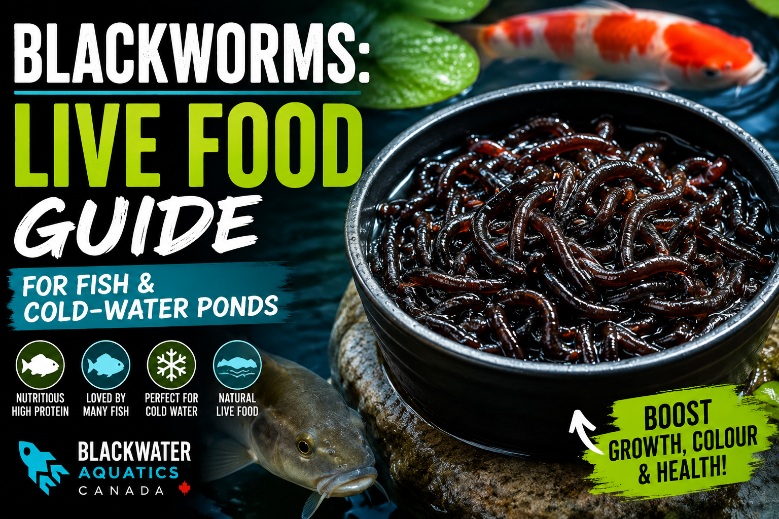 Blackworms live food guide thumbnail showing live blackworms with koi and trout, highlighting natural high-protein live food for freshwater fish, aquariums and cold-water ponds.