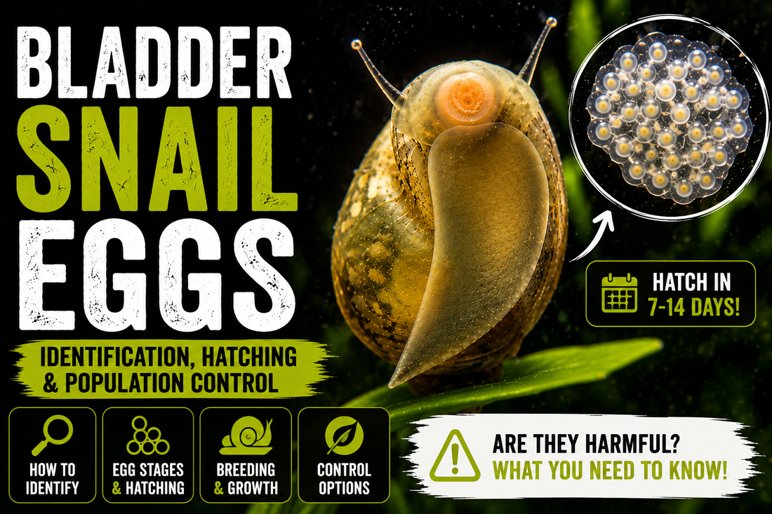 Macro photo of a live bladder snail with a visible egg cluster, illustrating bladder snail eggs, reproduction, hatching, and population control in freshwater aquariums.
