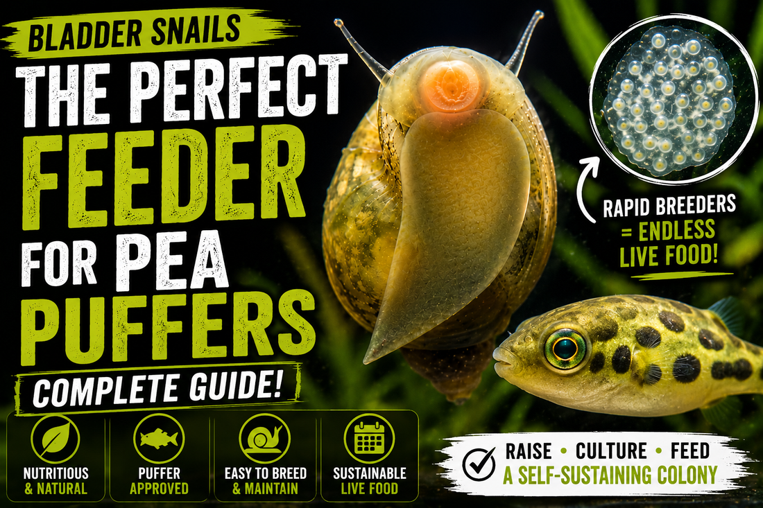 Pea puffer approaching a live bladder snail in a freshwater aquarium, illustrating why bladder snails are a natural food source for pea puffers.