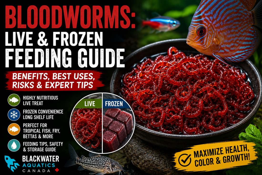 Bloodworms feeding guide thumbnail showing live and frozen bloodworms for tropical fish, bettas and pond fish with Blackwater Aquatics Canada branding.