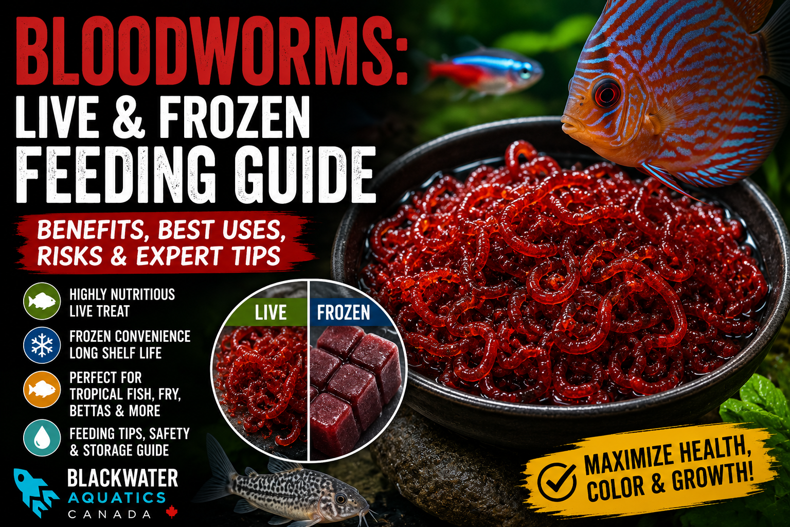 Bloodworms feeding guide thumbnail showing live and frozen bloodworms for tropical fish, bettas and pond fish with Blackwater Aquatics Canada branding.