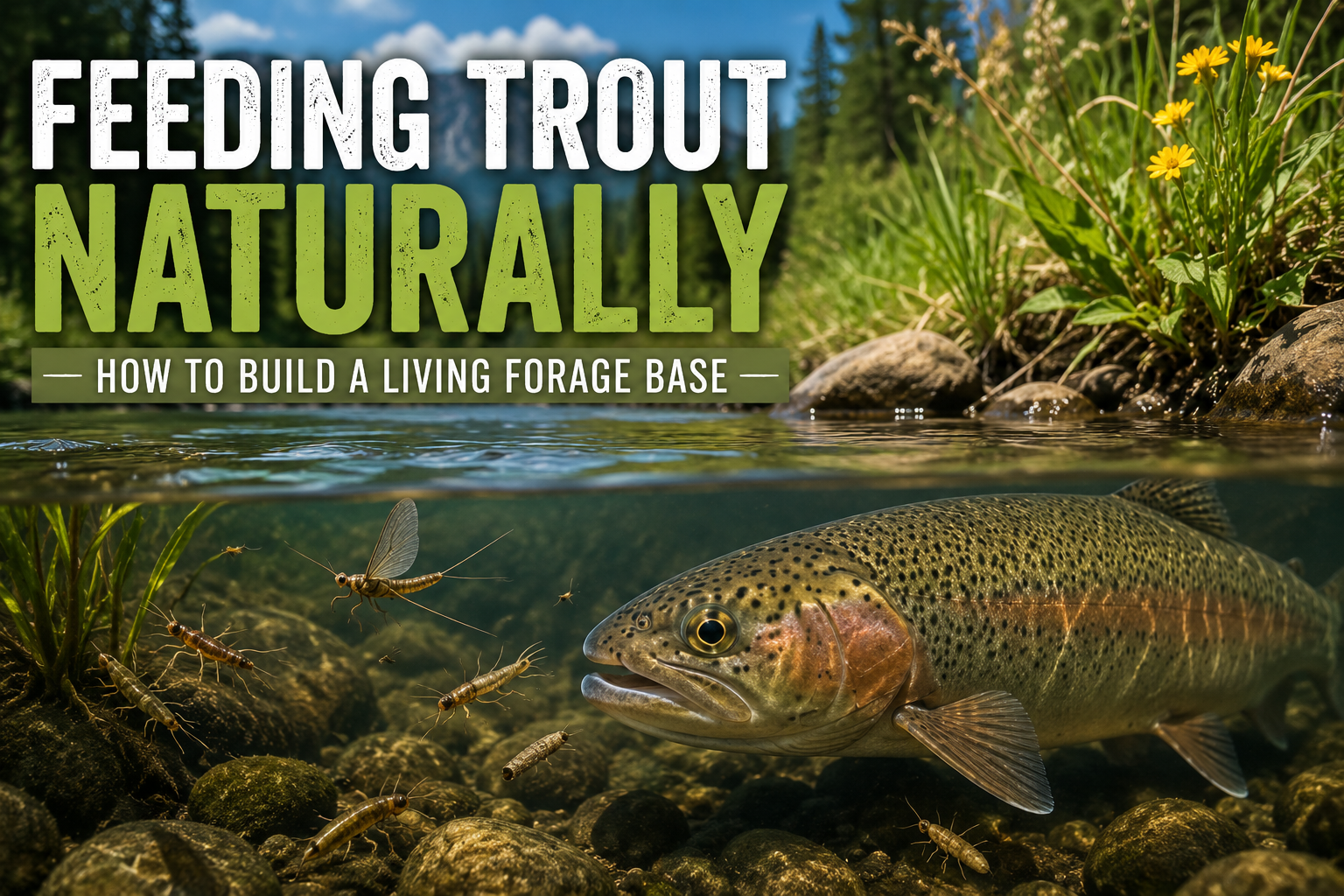 Rainbow trout feeding underwater among scuds and aquatic insects in a freshwater stream, illustrating how to build a natural forage base for trout.