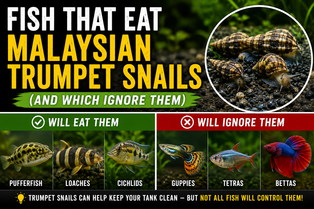 Comparison chart showing aquarium fish that eat Malaysian trumpet snails, including puffers and loaches, alongside fish that typically ignore them such as guppies, tetras, and bettas.