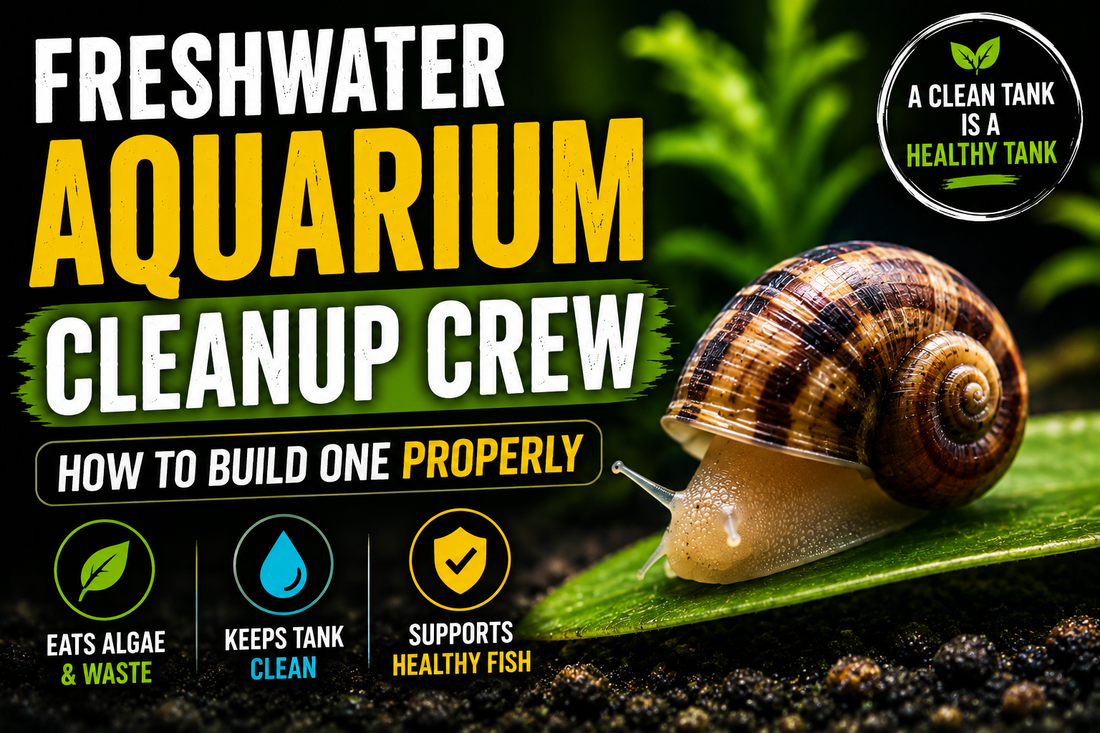 Healthy freshwater aquarium cleanup crew featuring a freshwater snail on a plant leaf in a planted aquarium, demonstrating how to build a balanced ecosystem that naturally controls algae and recycles waste.