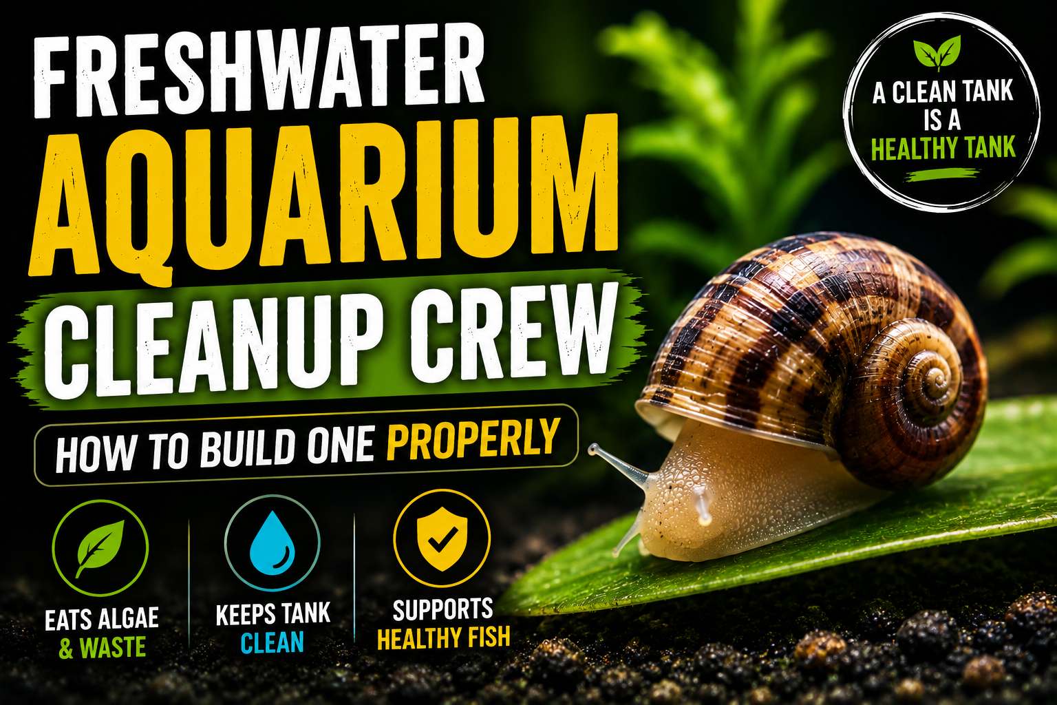 Healthy freshwater aquarium cleanup crew featuring a freshwater snail on a plant leaf in a planted aquarium, demonstrating how to build a balanced ecosystem that naturally controls algae and recycles waste.