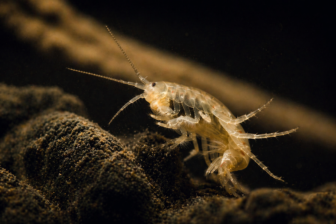 Scuds (freshwater amphipods) in aquarium substrate showing natural behavior and live fish food activity