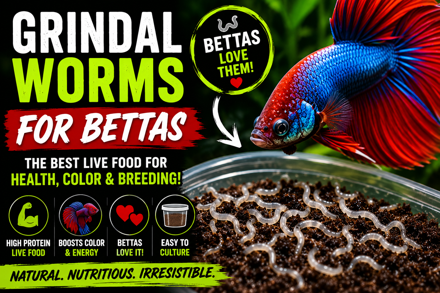 Betta fish eating live grindal worms, a high-protein live food used for betta health, coloration, conditioning, breeding, and growth.