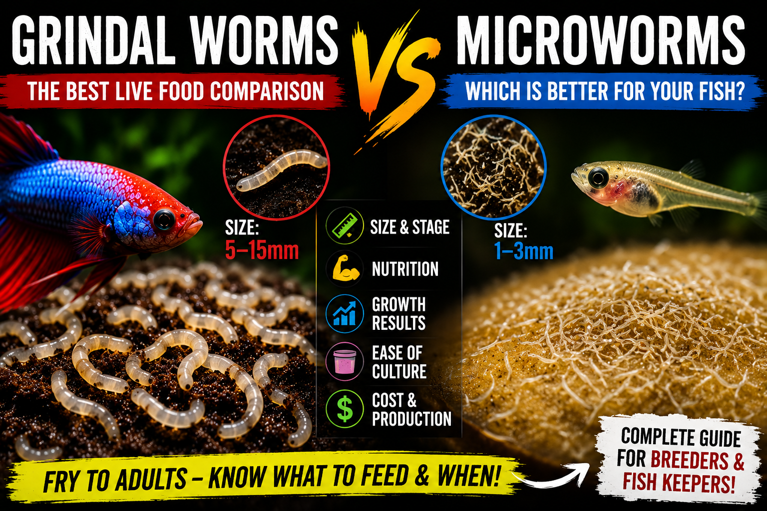 Side-by-side comparison of grindal worms and microworms used as live foods for betta fry, aquarium fish, and breeding projects.