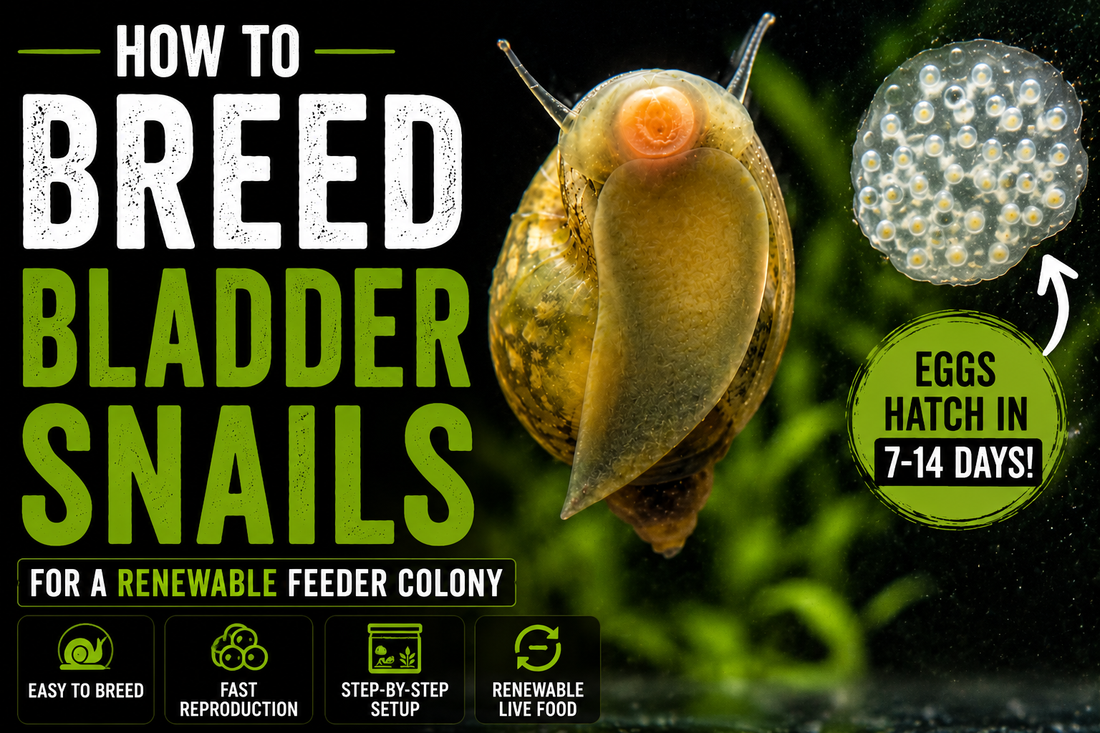 Close-up of a live bladder snail and egg cluster showing how to breed bladder snails for a renewable feeder snail colony.