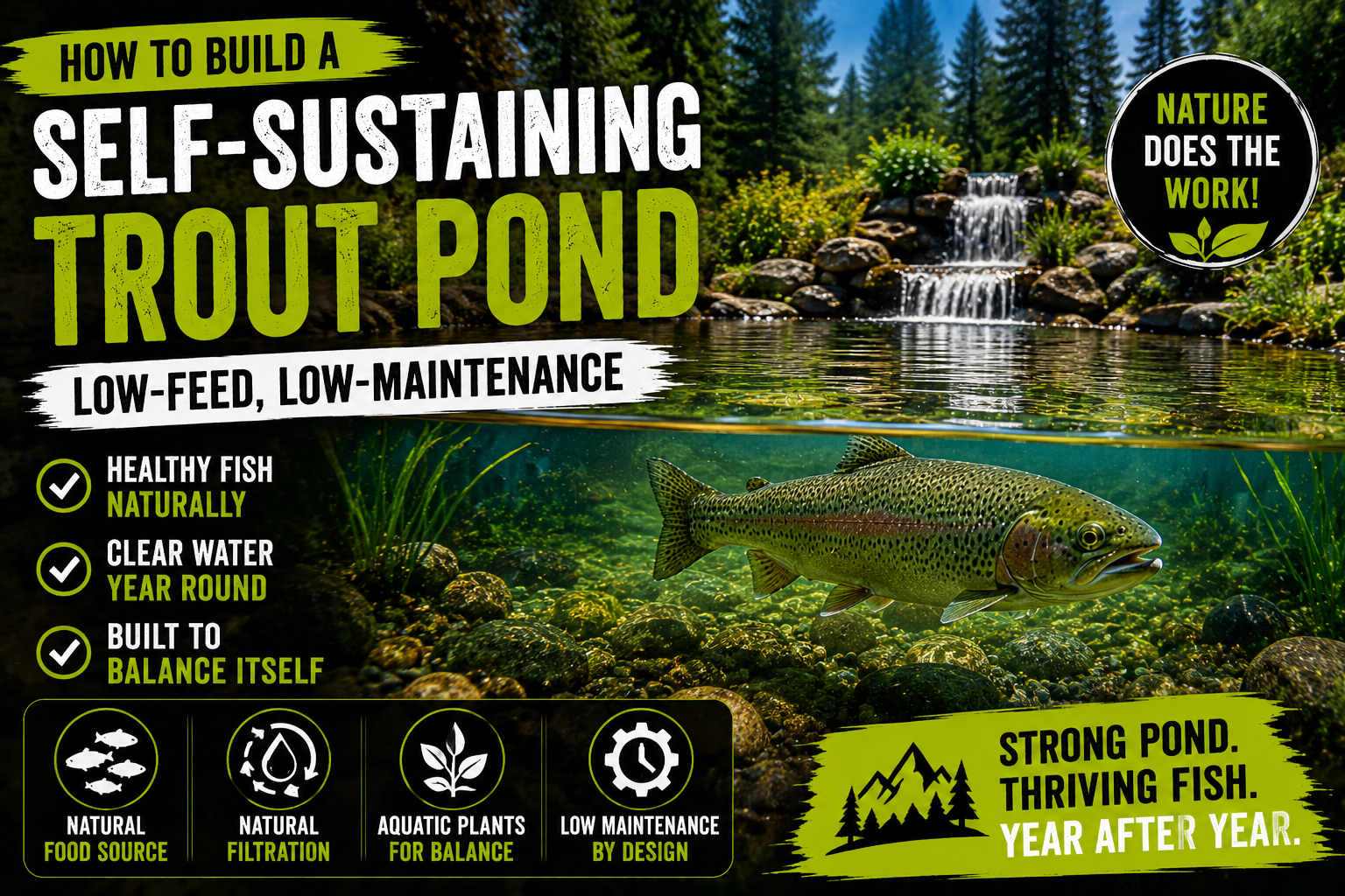 Self-sustaining trout pond with a healthy rainbow trout swimming in crystal-clear water beneath a naturally filtered pond ecosystem with a waterfall and aquatic plants.