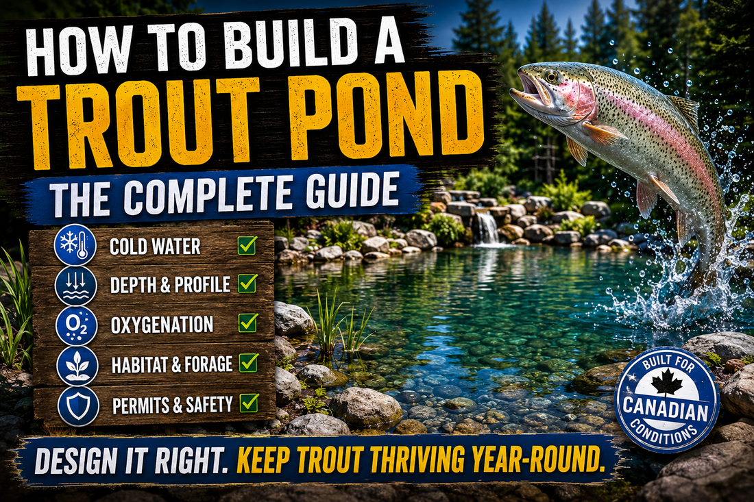 Rainbow trout jumping beside a clear freshwater pond with text highlighting the key elements of trout pond construction, including cold water, depth, oxygenation, habitat, and safety.