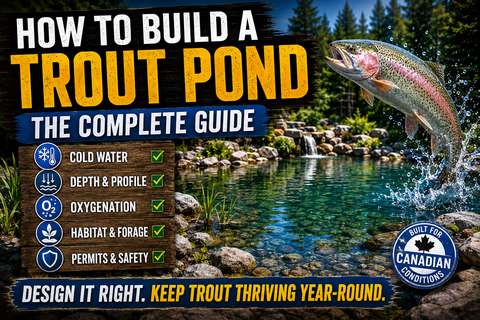 Rainbow trout jumping beside a clear freshwater pond with text highlighting the key elements of trout pond construction, including cold water, depth, oxygenation, habitat, and safety.