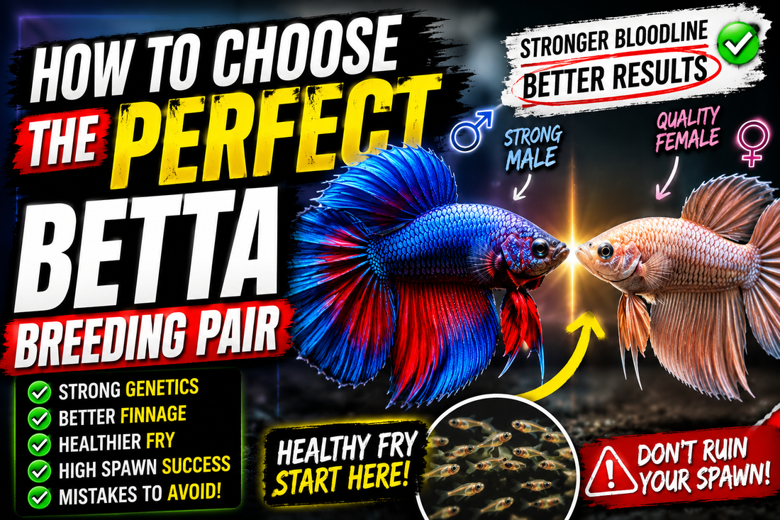 How to choose the right betta breeding pair showing healthy male and female betta fish with strong genetics, breeding compatibility, fry quality, and spawn success factors.