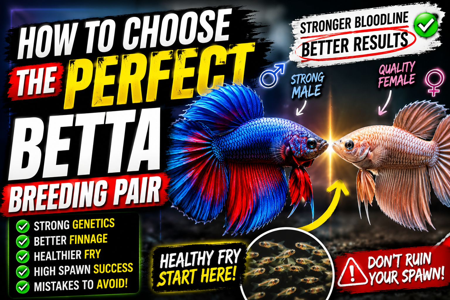 How to choose the right betta breeding pair showing healthy male and female betta fish with strong genetics, breeding compatibility, fry quality, and spawn success factors.