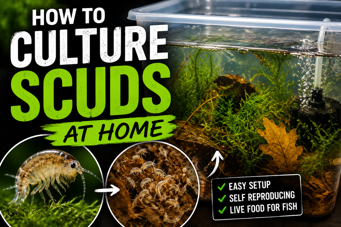 How to culture live scuds at home in a freshwater aquarium using moss, leaf litter, and aeration to create a self-reproducing live fish food colony.