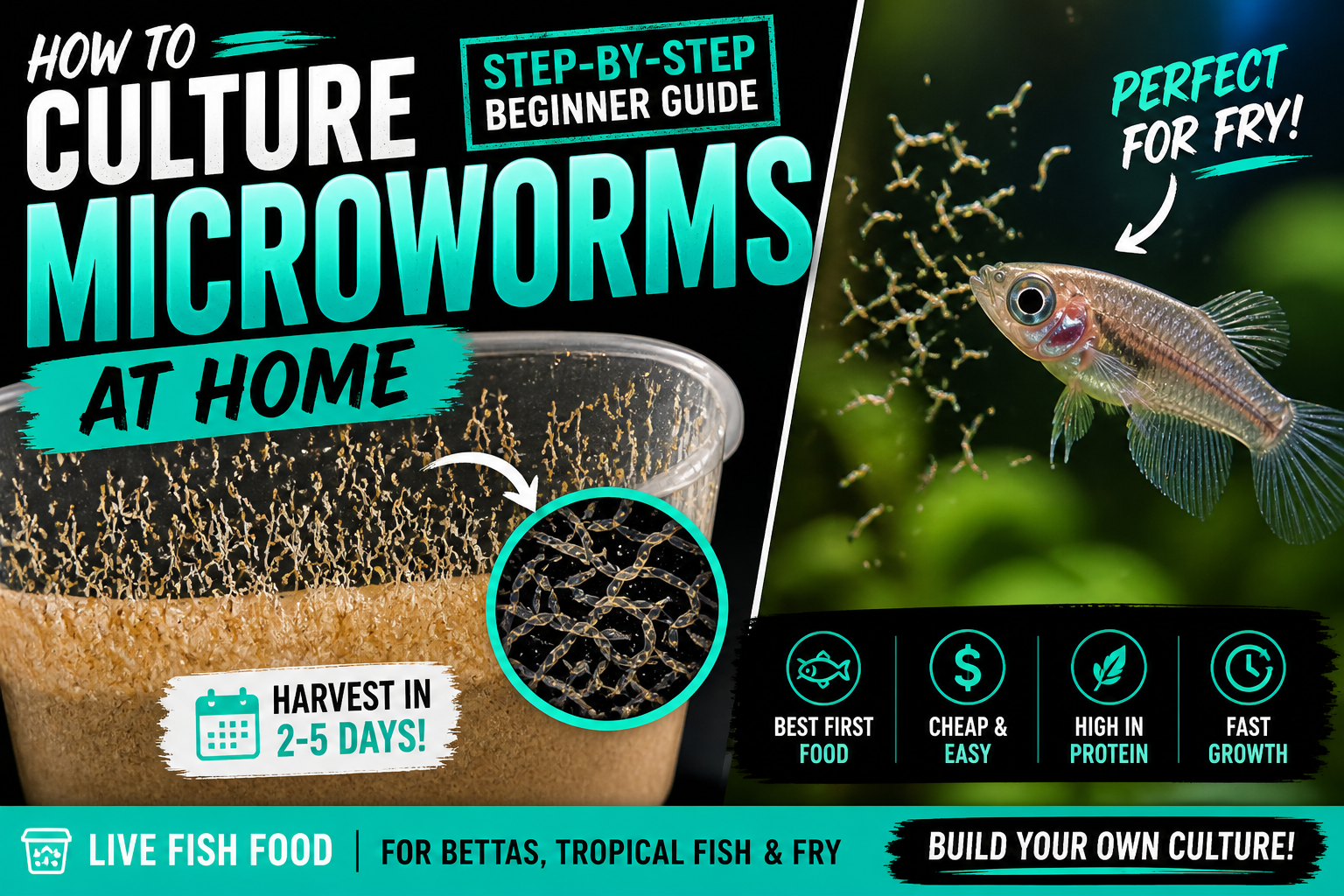How to culture microworms at home – live fish food for fry with microworm culture growing on container walls and feeding betta fish fry
