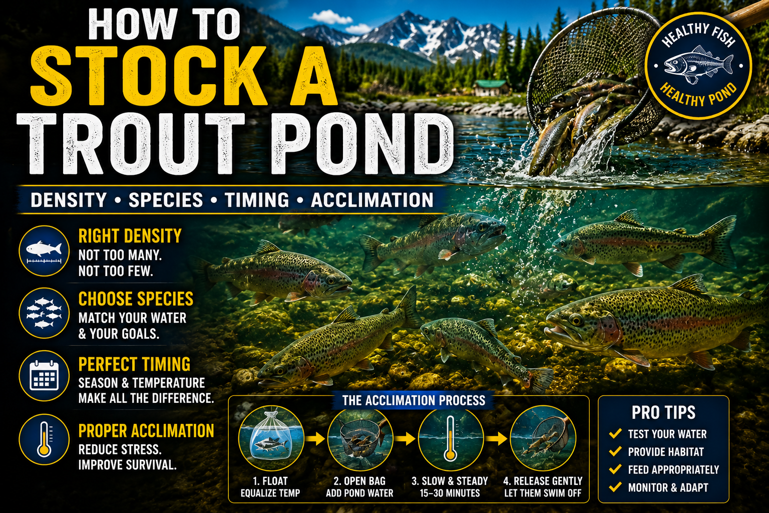Healthy rainbow trout being stocked into a freshwater pond with illustrations highlighting proper stocking density, trout species selection, timing, acclimation, and best practices for Canadian ponds.