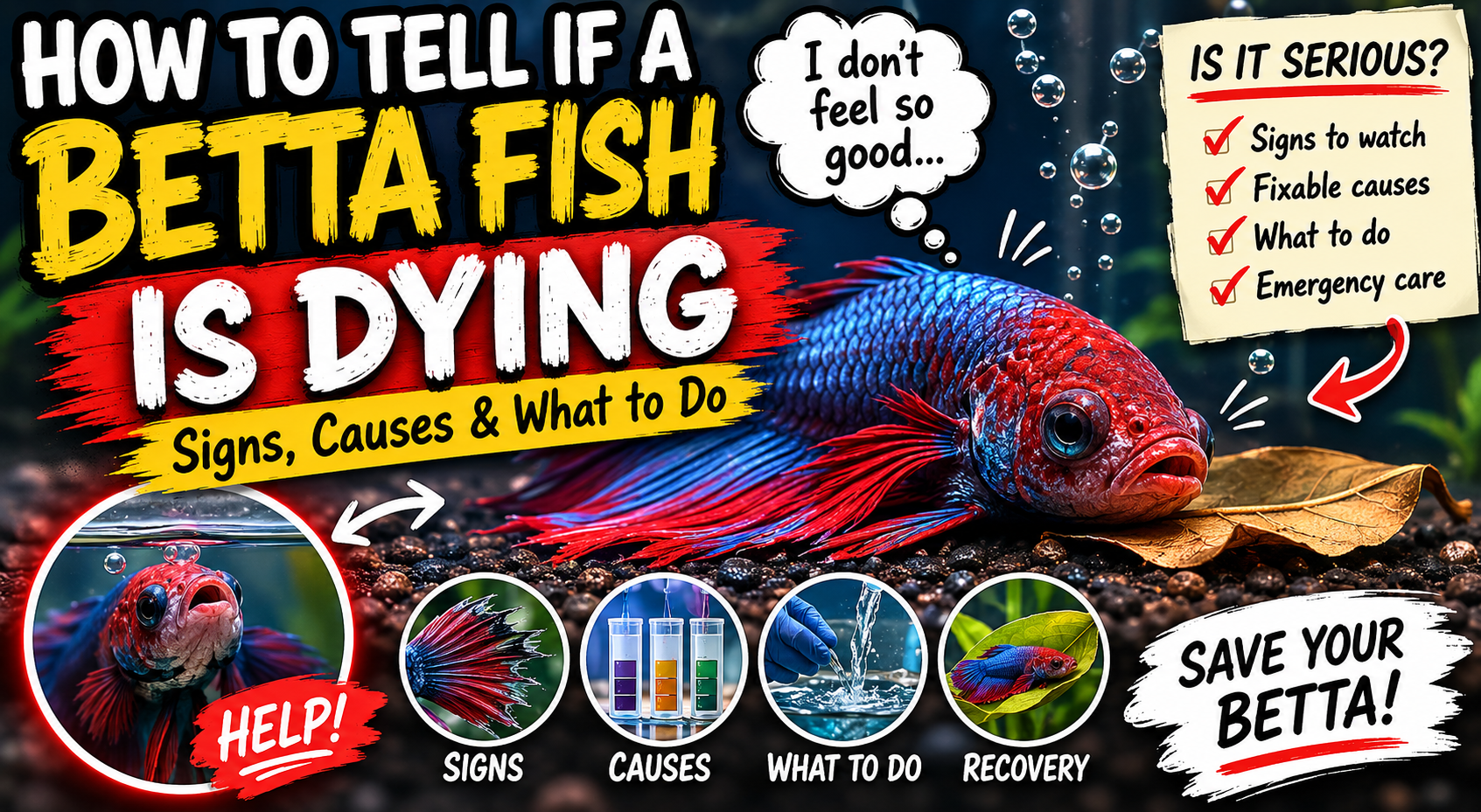 Funny dramatic thumbnail showing a distressed red and blue betta fish with warning signs, emergency care icons, and bold text about how to tell if a betta fish is dying.