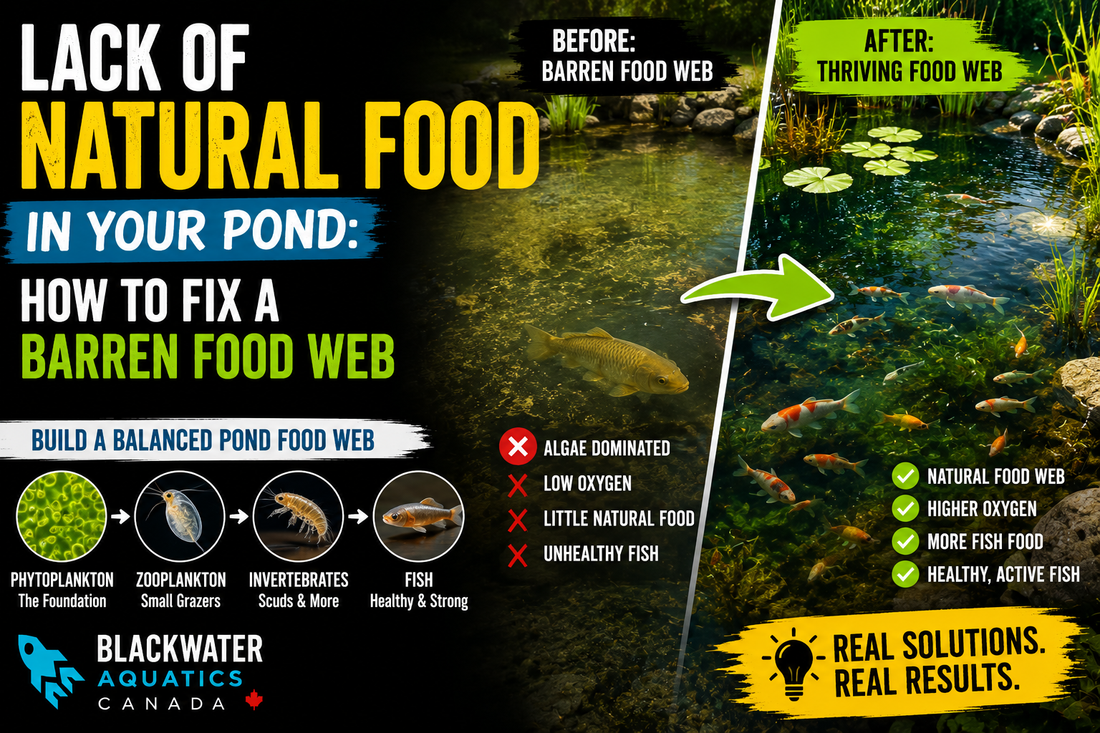 Lack of natural food in a pond thumbnail showing a barren pond transformed into a thriving freshwater ecosystem with phytoplankton, zooplankton, scuds and healthy fish.