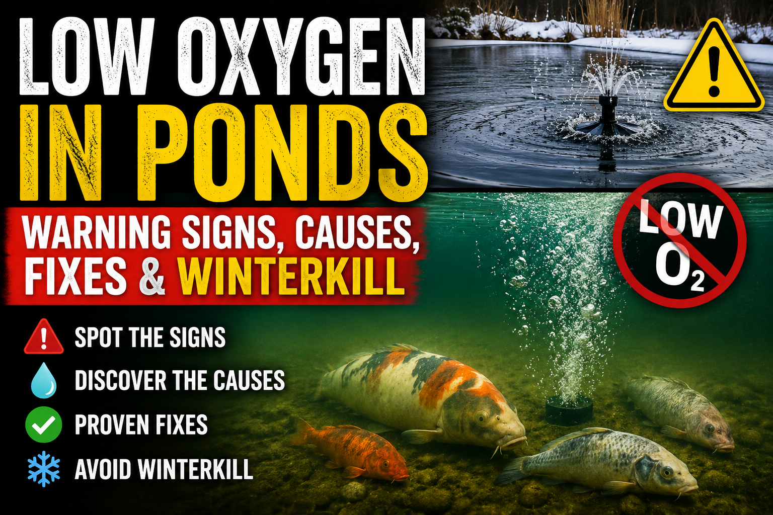 Low oxygen in a freshwater pond showing fish under stress, an aerator increasing oxygen, and winter conditions illustrating warning signs, causes, fixes, and winterkill prevention.