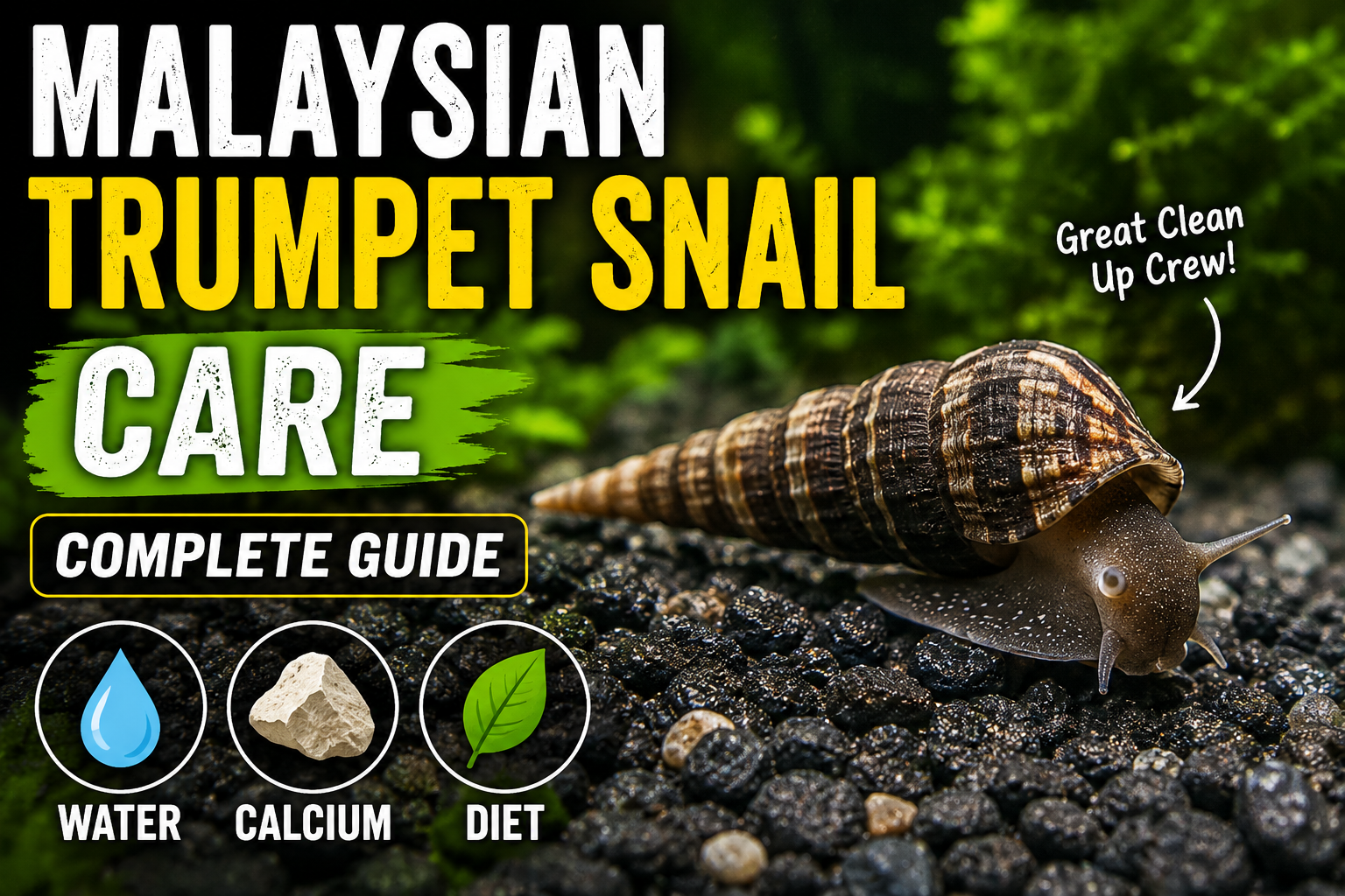 Macro photo of a live Malaysian trumpet snail (Melanoides tuberculata) in a planted freshwater aquarium highlighting proper care, water conditions, calcium requirements, and diet.
