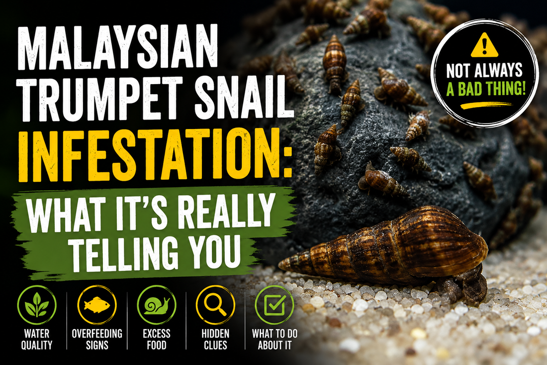 Malaysian trumpet snail infestation in a freshwater aquarium showing numerous trumpet snails on substrate, explaining how booming populations often indicate excess food, organic waste, and a healthy breeding environment rather than a problem.