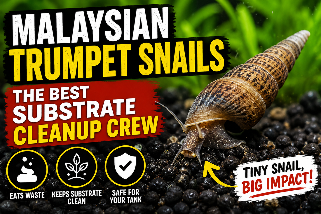 Malaysian Trumpet Snail burrowing through aquarium substrate, demonstrating its role as one of the best natural cleanup crew snails for consuming detritus, aerating sand, and maintaining a healthy freshwater aquarium.