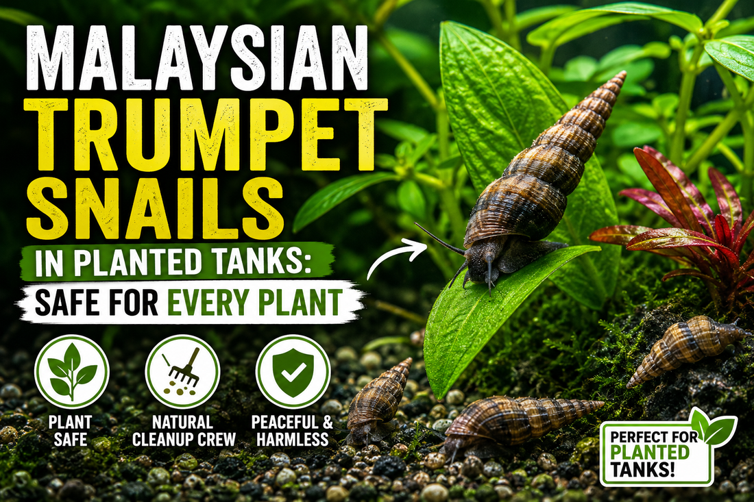 Malaysian Trumpet Snails moving through a lush planted freshwater aquarium, demonstrating that they are safe for live aquatic plants while naturally cleaning the substrate and aerating the sand.