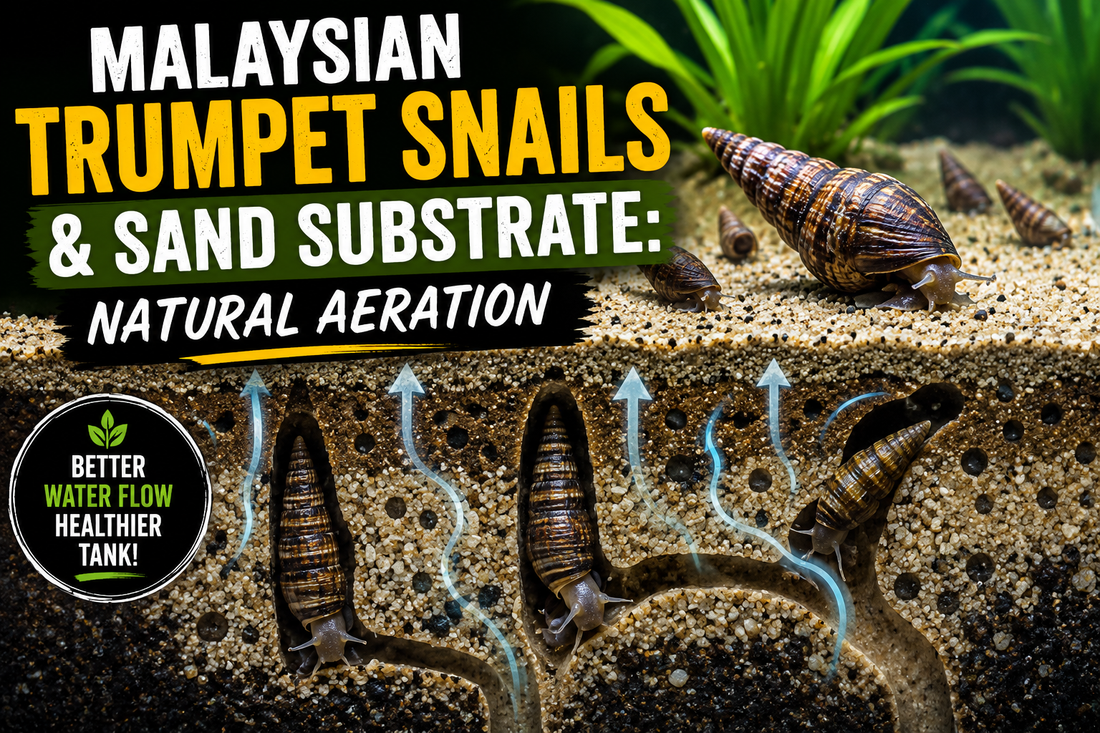 Cross-section of aquarium sand substrate showing Malaysian trumpet snails burrowing through the sand to naturally aerate the substrate, improve water circulation, and support healthy plant roots in a freshwater aquarium.